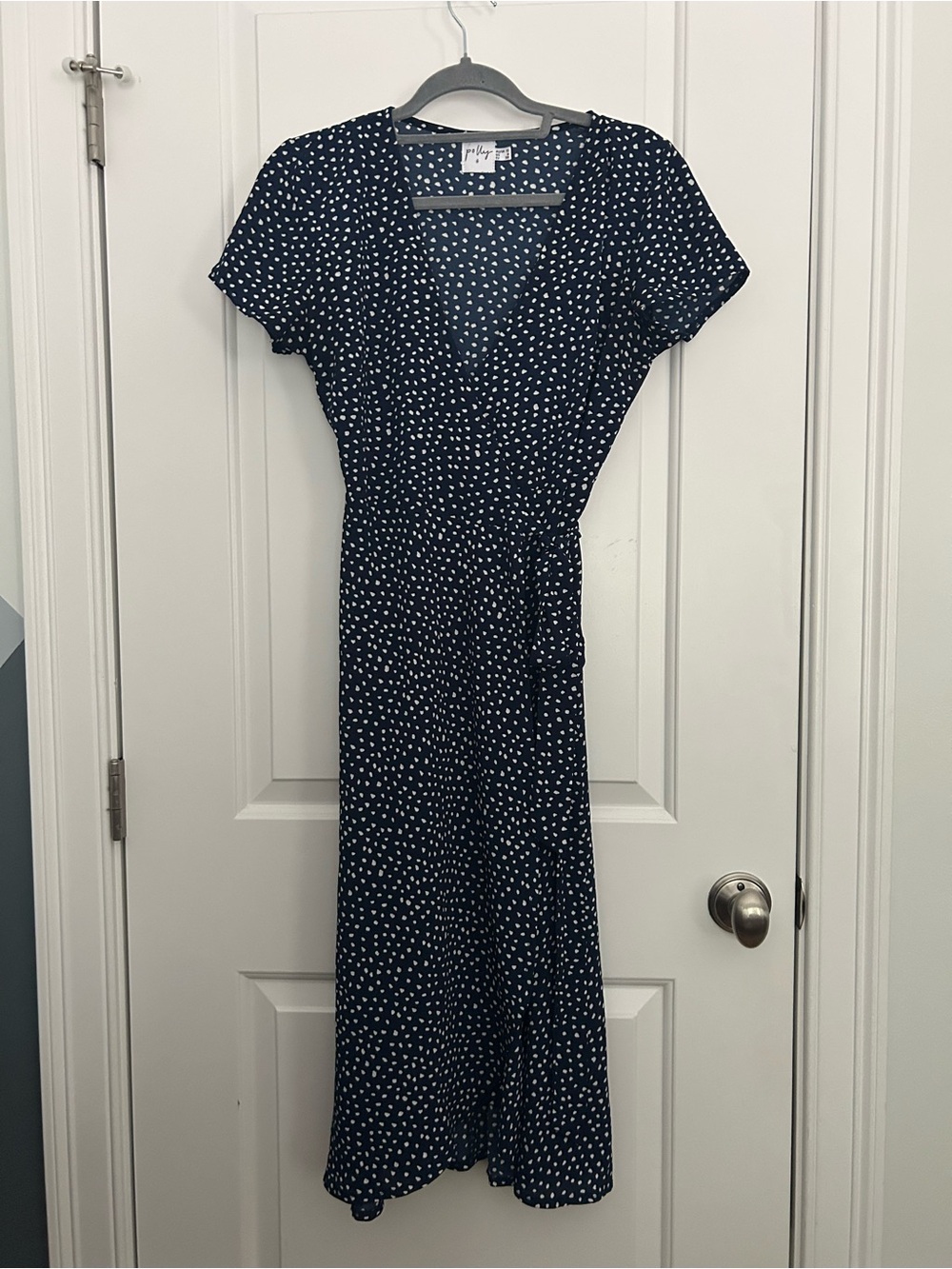 Princess Polly Polka Dot Navy White Wrap Midi Dress